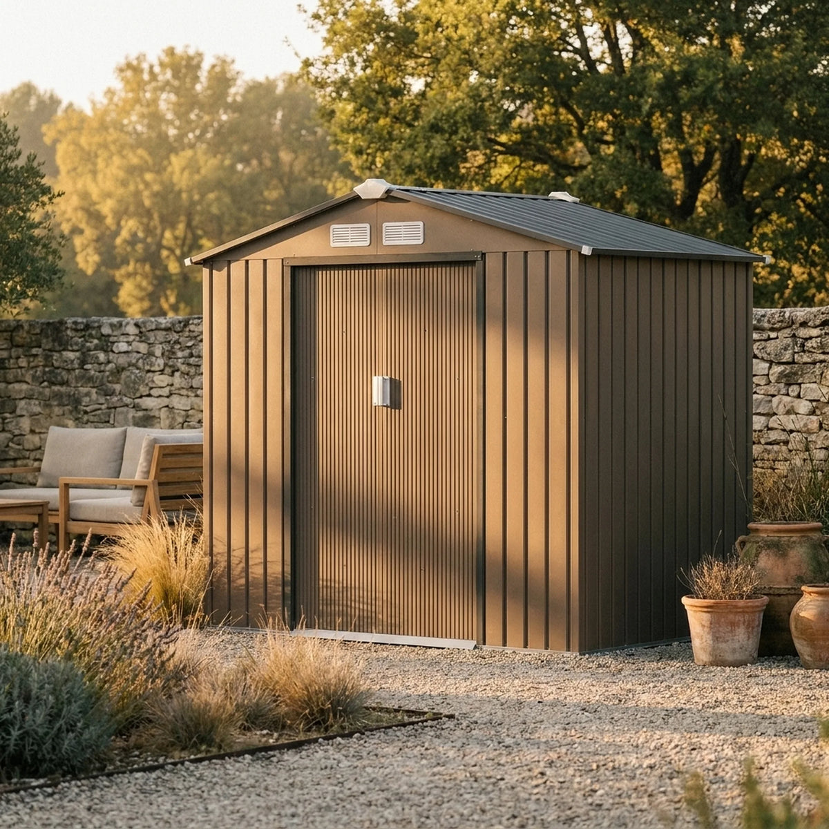 Abri de jardin à porte coulissante Bastide — vue d'ensemble en extérieur