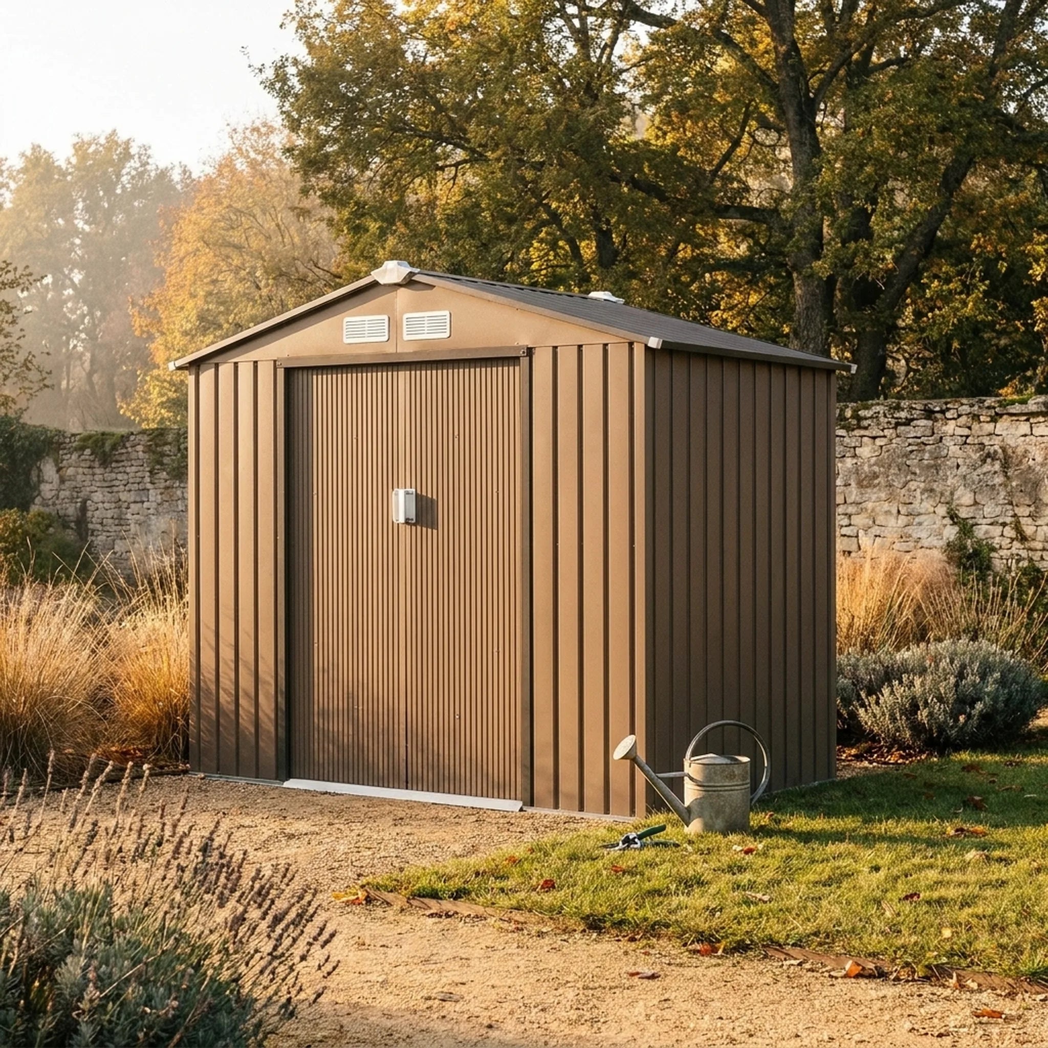 Abri de jardin à porte coulissante Bastide — mise en situation dans un jardin