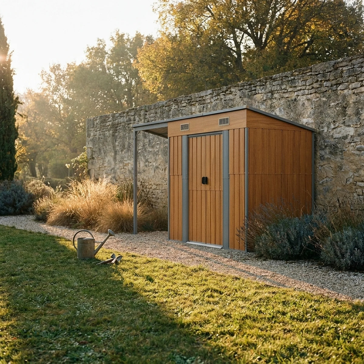 Abri de jardin adossé Oppède — mise en situation dans un jardin