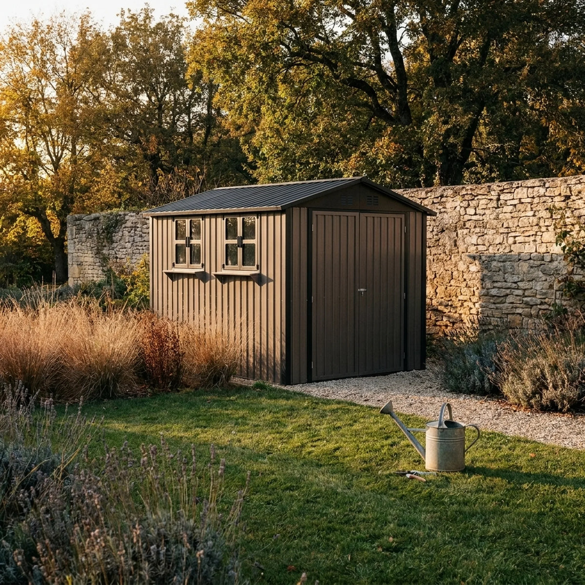 Abri de jardin à portes doubles Borie — mise en situation dans un jardin