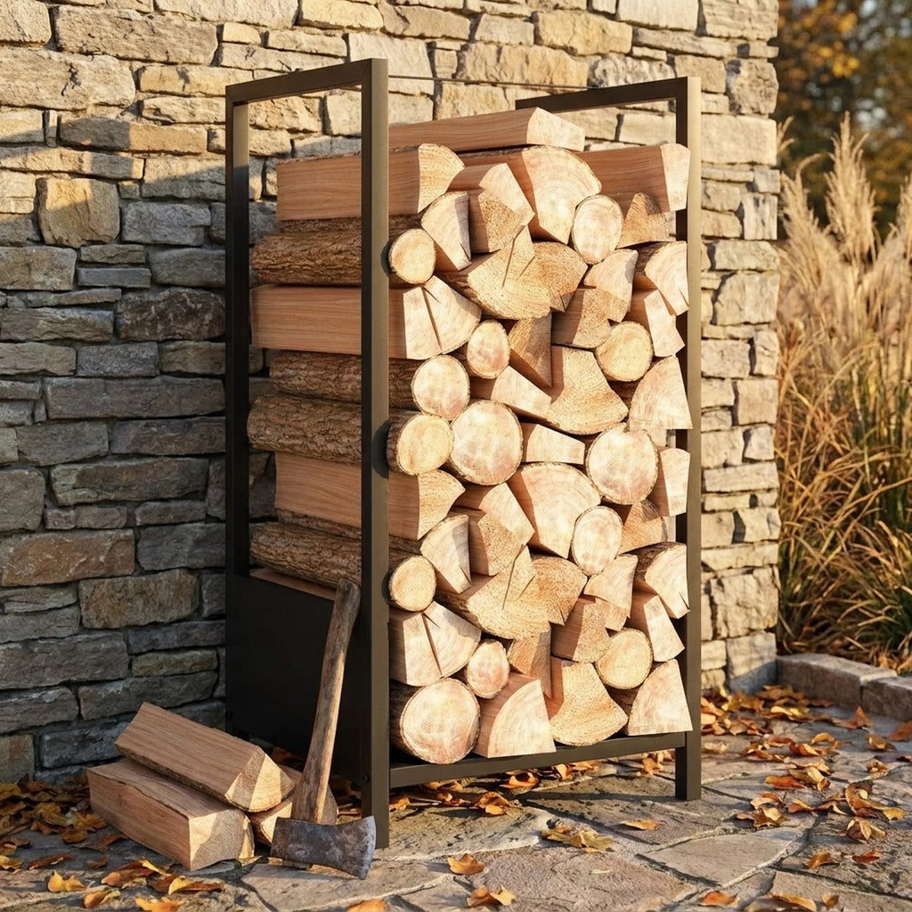 Porte-bûches d'intérieur Pinède — mise en situation dans un jardin