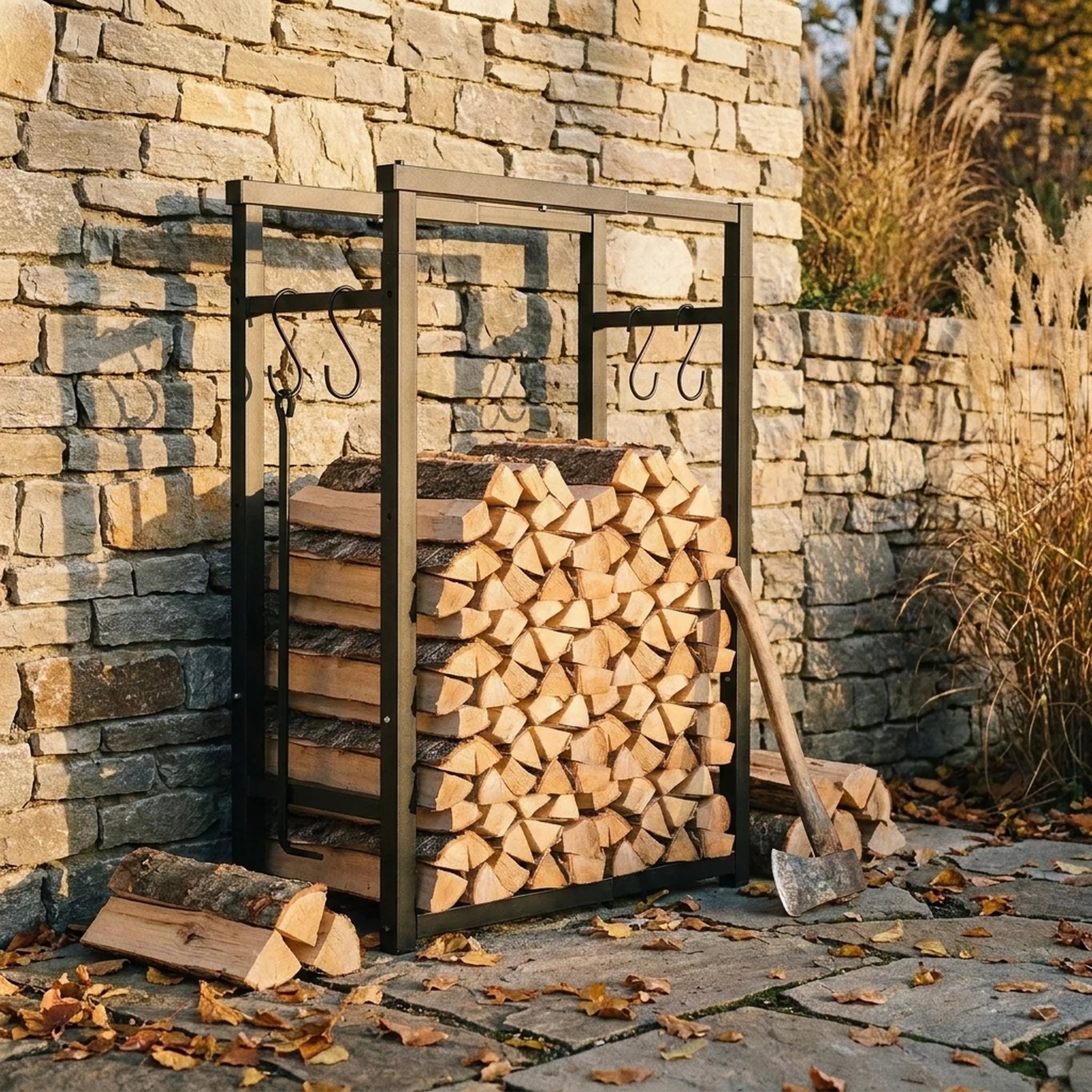 Range-bûches réglable Verdon — mise en situation dans un jardin