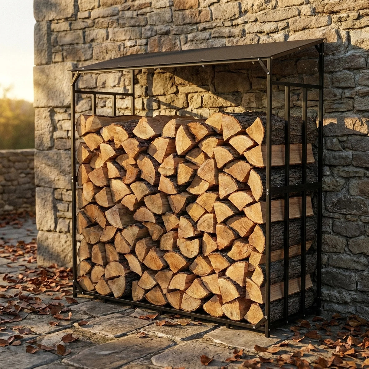 Range-bûches empilable Garrigue — vue d'ensemble en extérieur