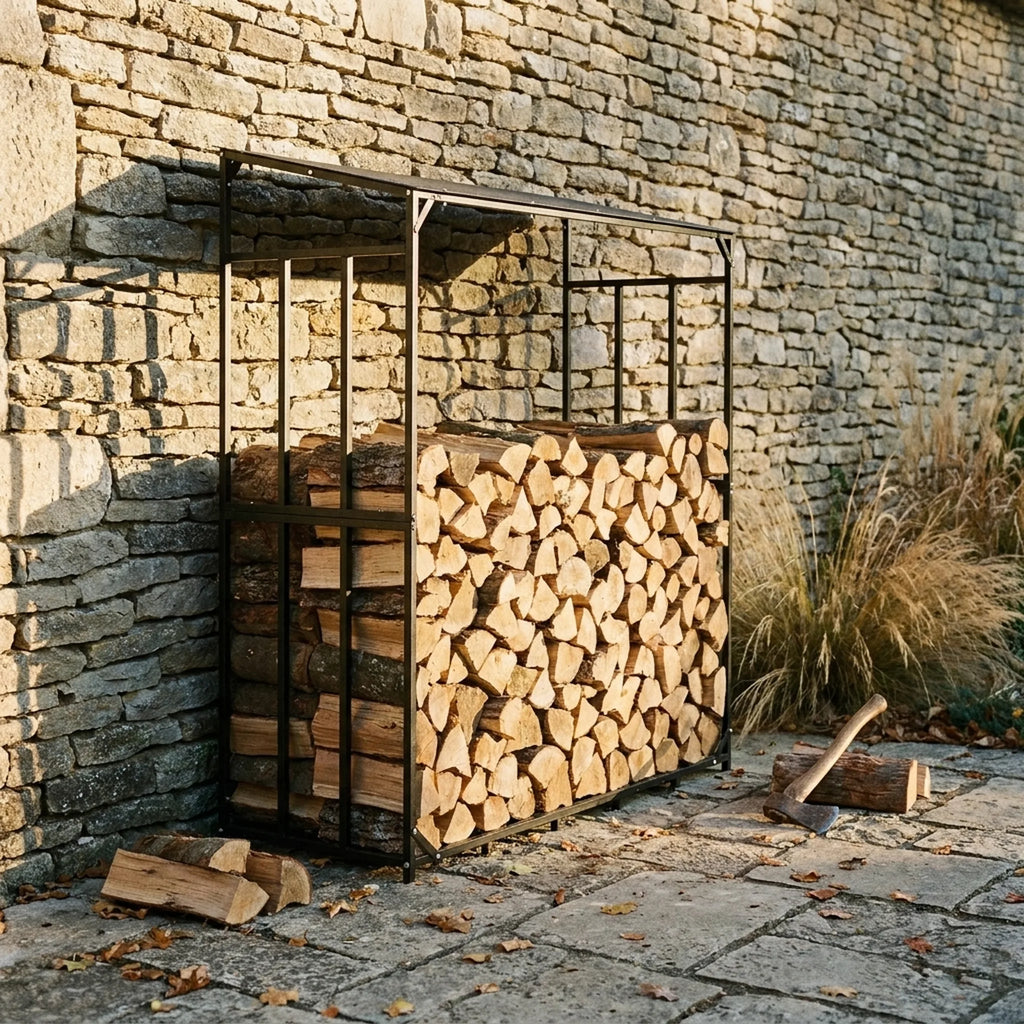 Range-bûches empilable Garrigue — mise en situation dans un jardin
