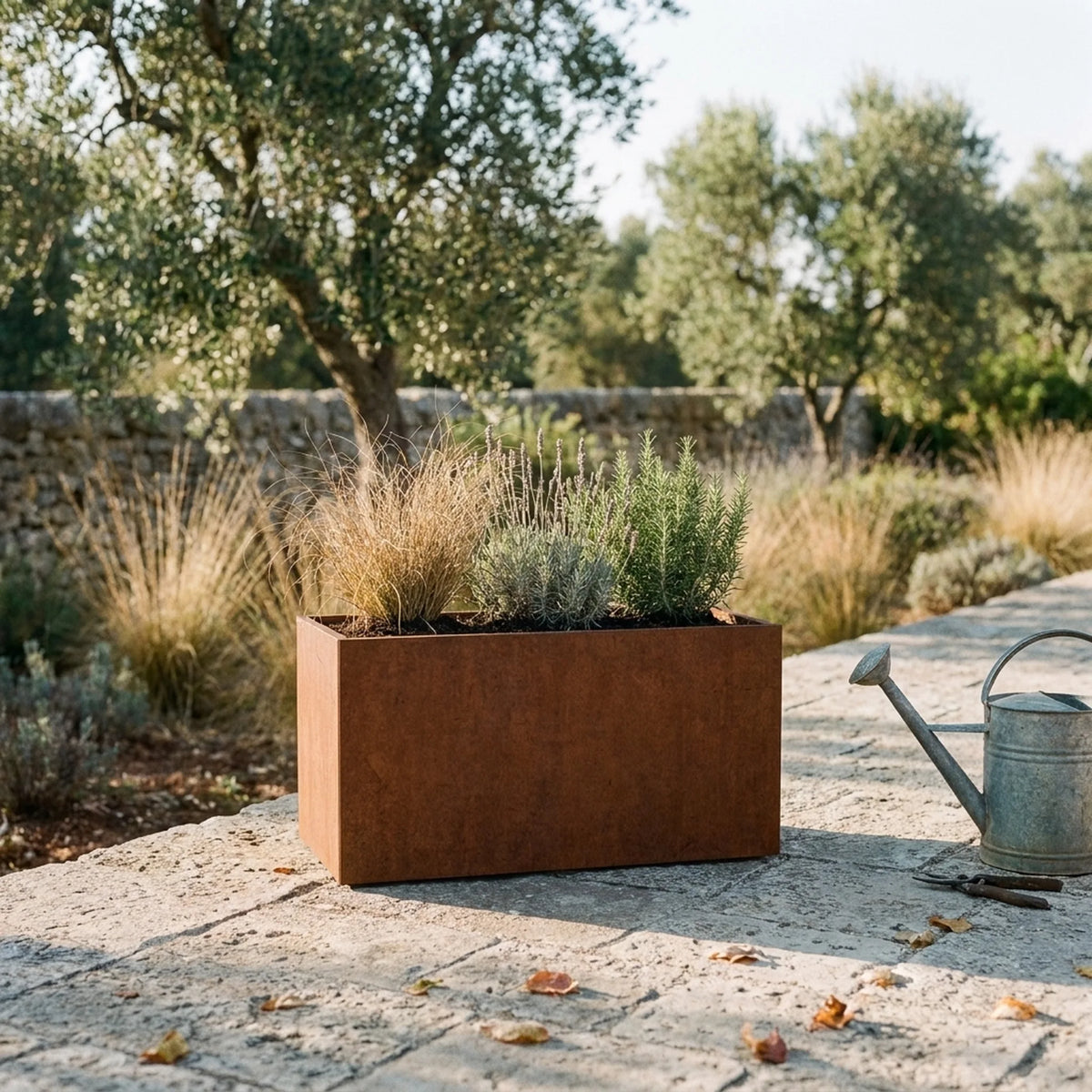 Jardinière en acier corten Lavande — mise en situation dans un jardin