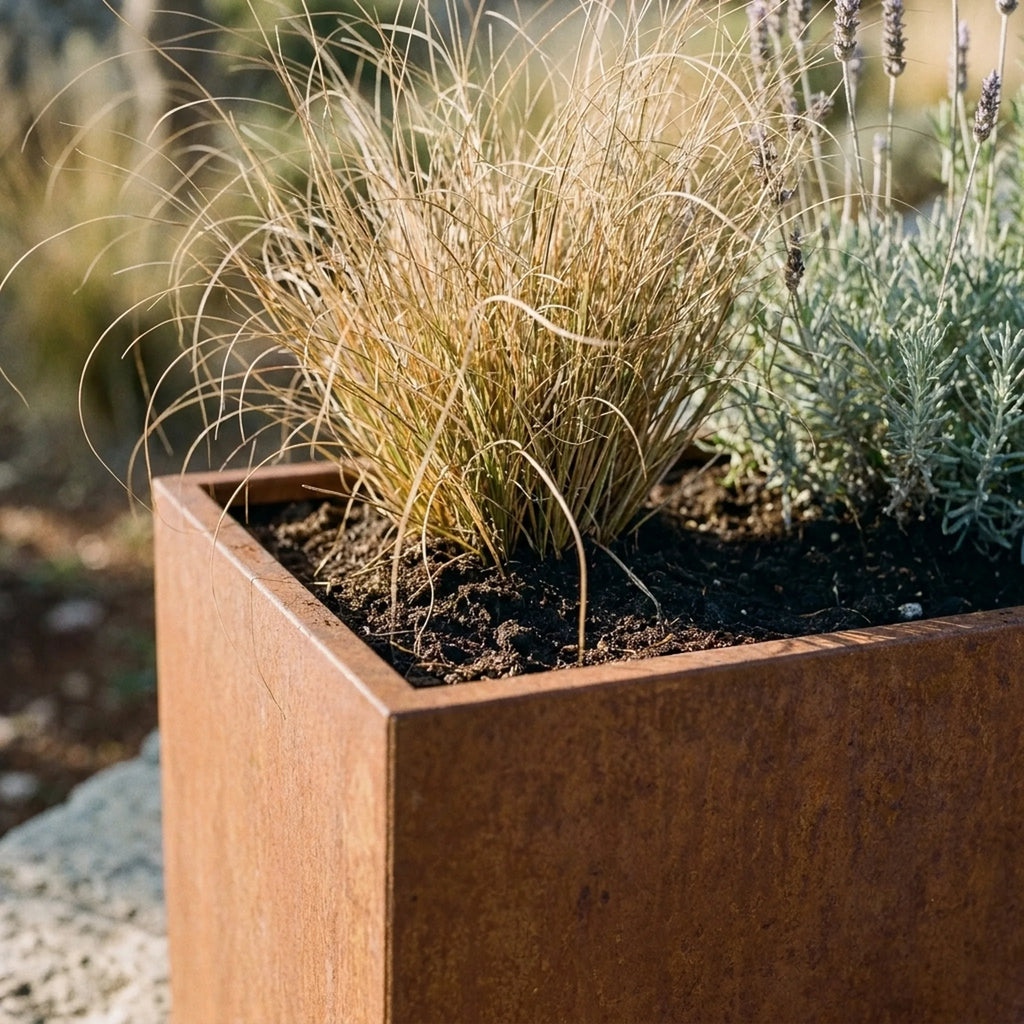 Jardinière en acier corten Lavande — en cours d'utilisation