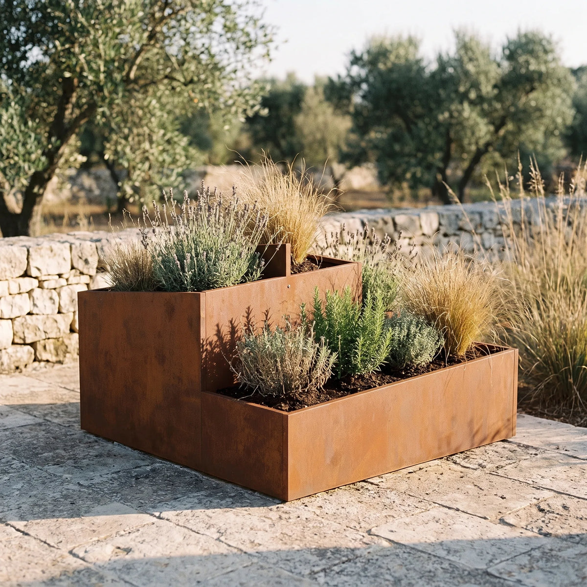 Jardinière surélevée Oliveraie — vue d'ensemble en extérieur
