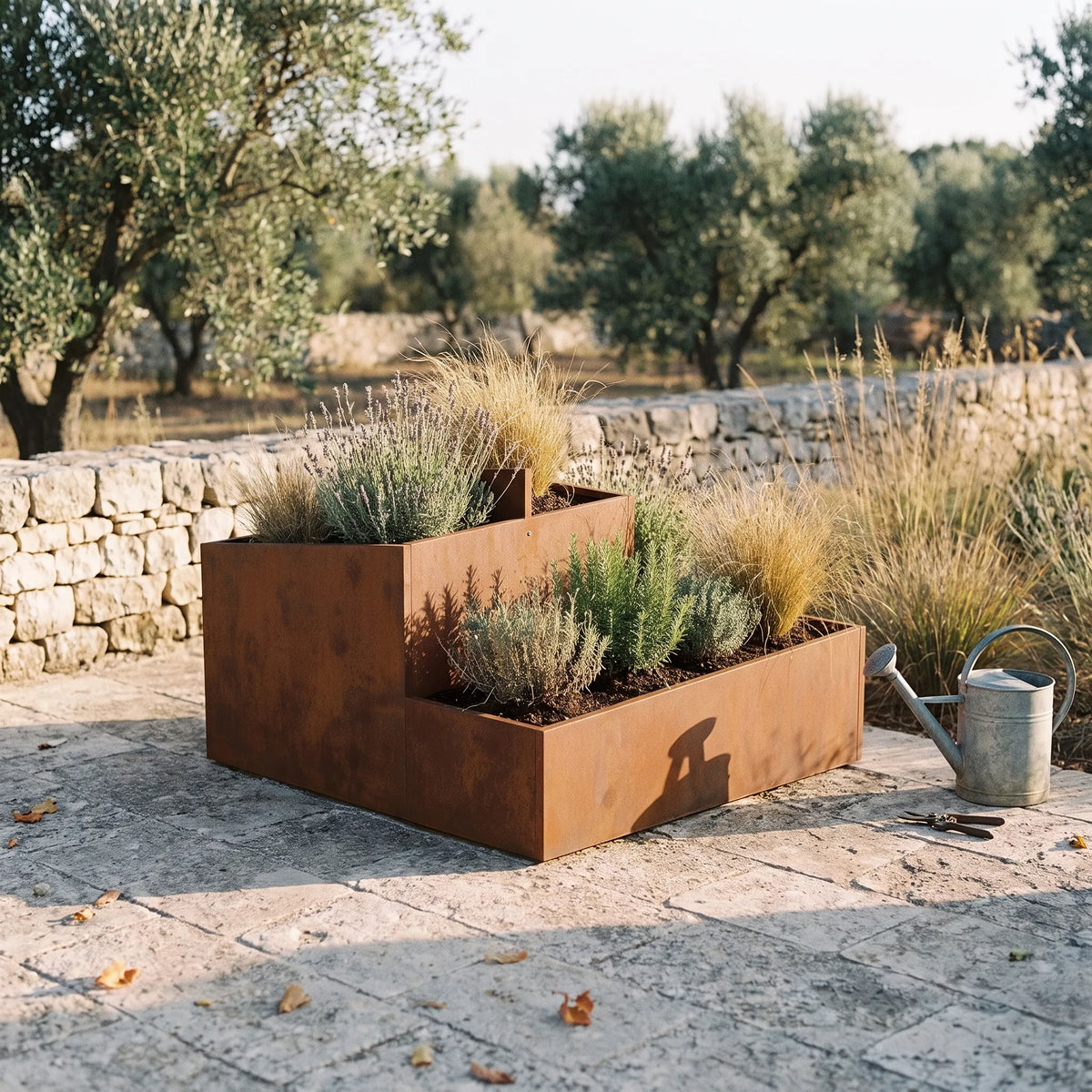 Jardinière surélevée Oliveraie — mise en situation dans un jardin