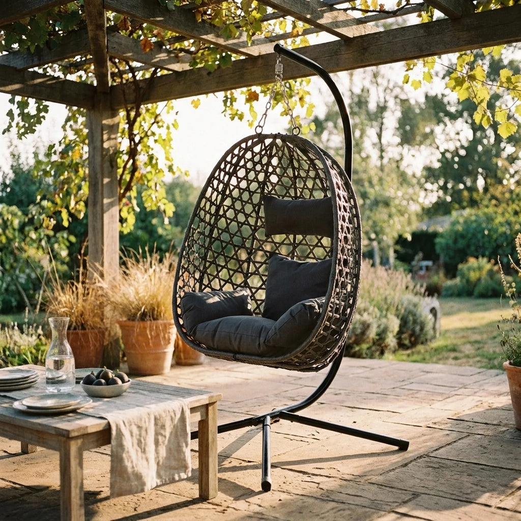 Fauteuil suspendu Alcôve — mise en situation dans un jardin