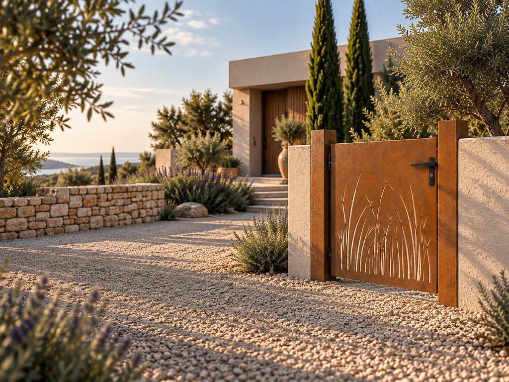 Portillon en acier corten Vaccarès, motif de roseaux — en situation dans un jardin