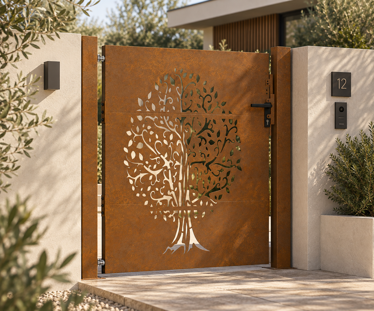 Portillon en acier corten Platane, motif d'arbre — en situation dans un jardin