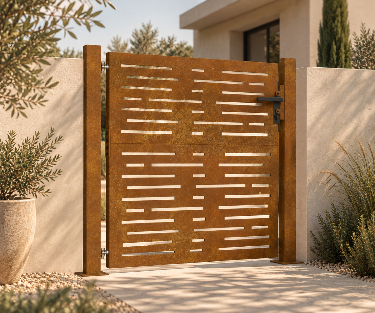 Portillon en acier corten Calade, motif d'appareillage — en situation dans un jardin