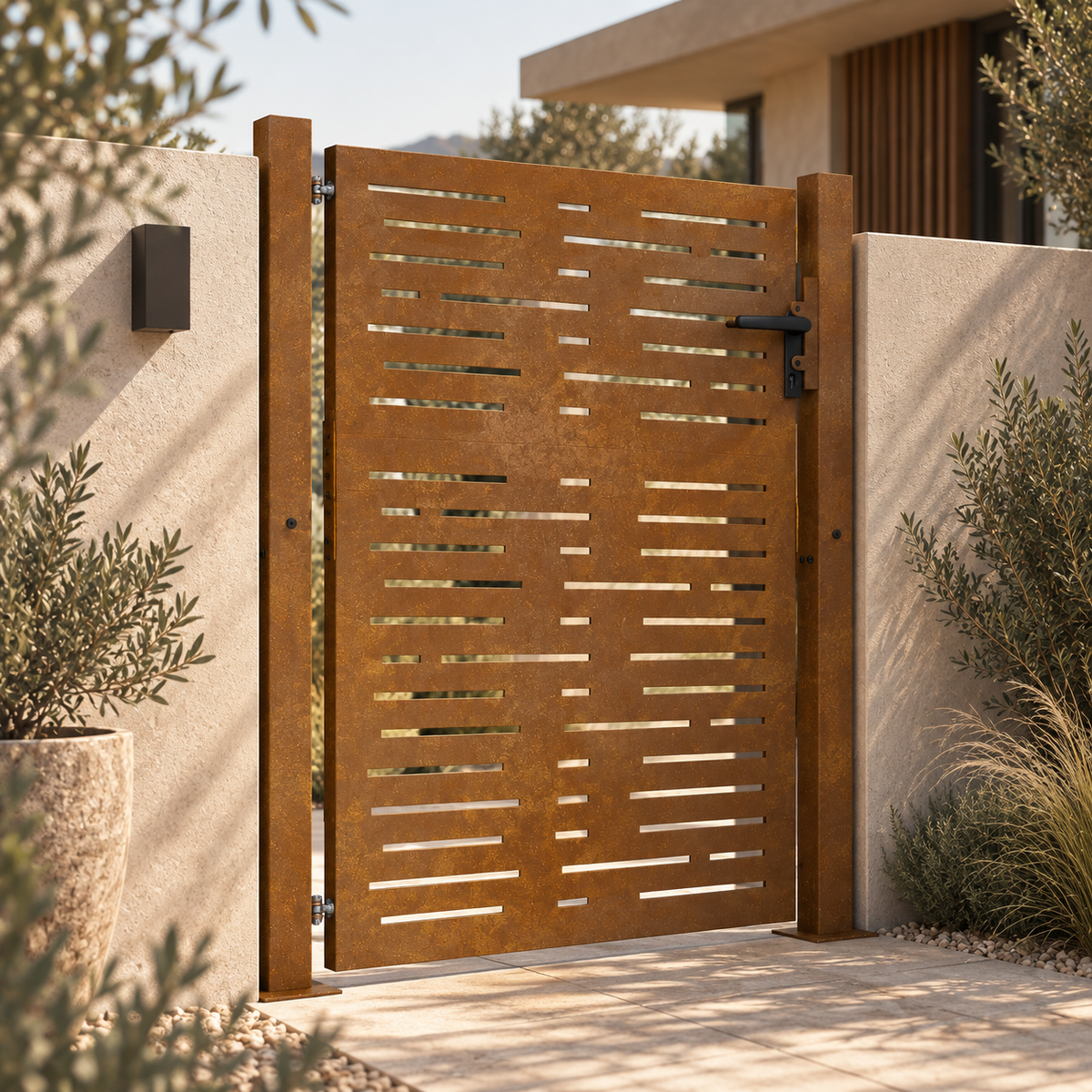 Portillon en acier corten Calade, motif d'appareillage — vue d'ensemble