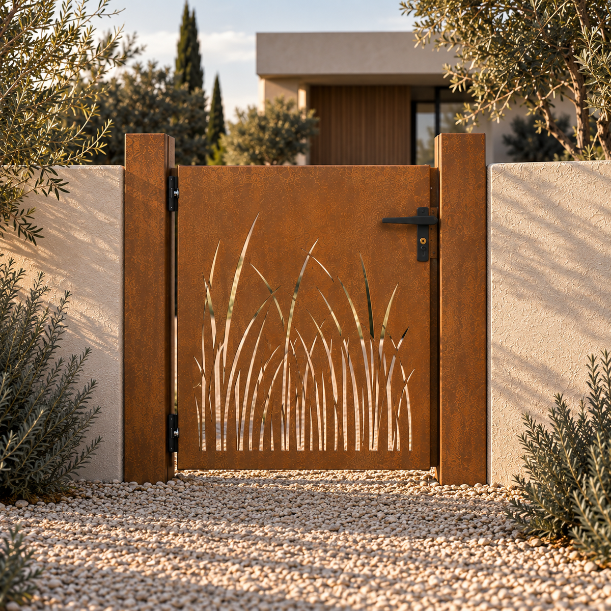Portillon en acier corten Vaccarès, motif de roseaux — détail de la patine