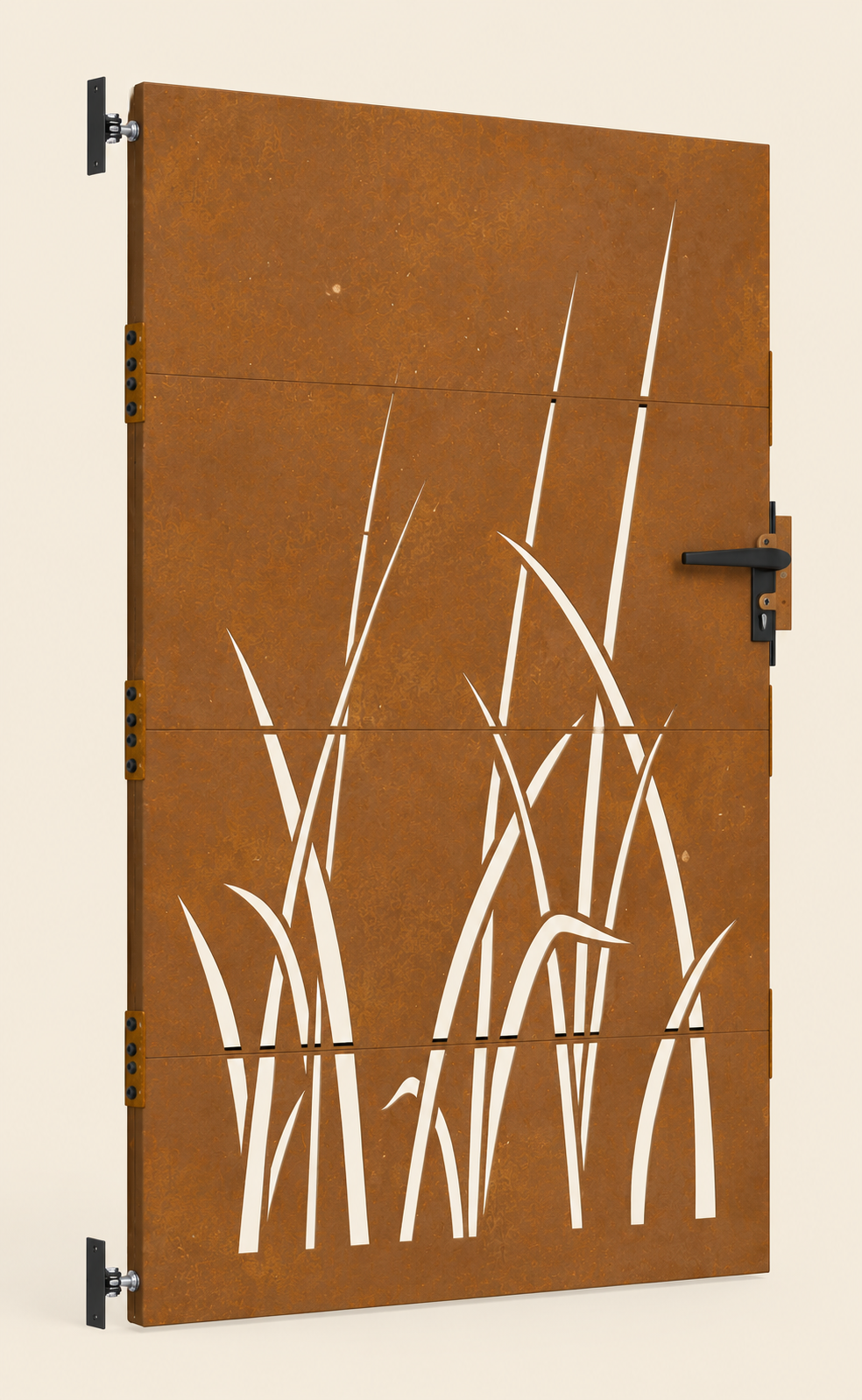 Portillon en acier corten Vaccarès, motif de roseaux — vue d'ensemble