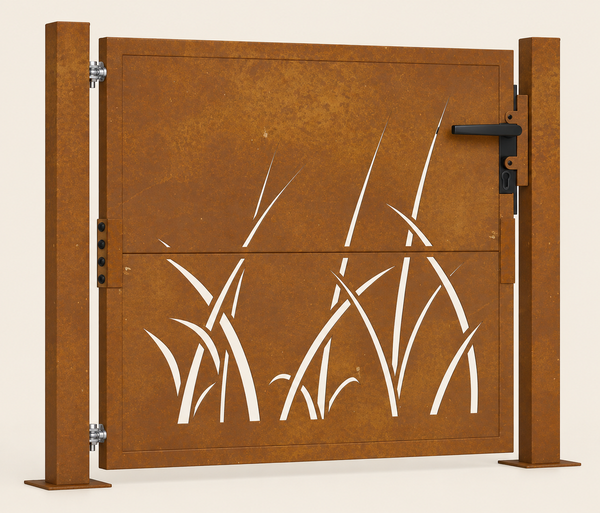 Portillon en acier corten Vaccarès, motif de roseaux — vue d'ensemble