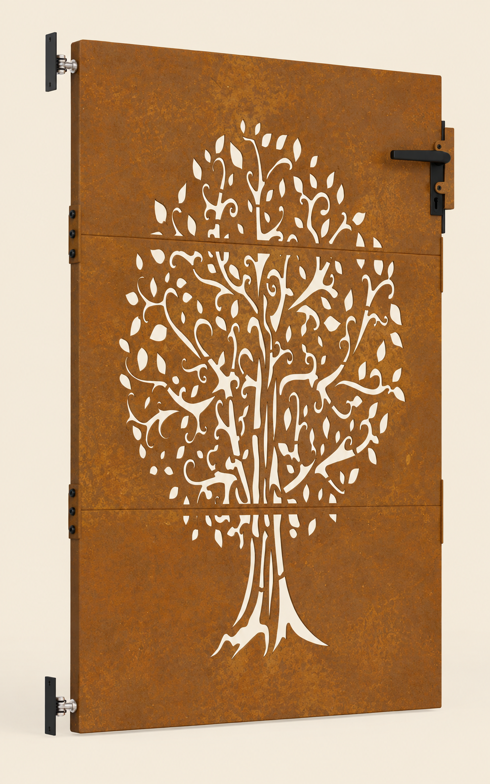 Portillon en acier corten Platane, motif d'arbre — détail de la patine