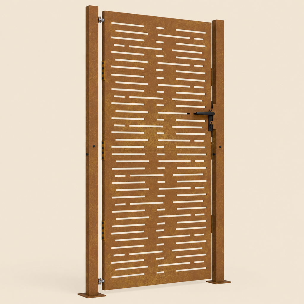Portillon en acier corten Calade, motif d'appareillage — détail de la patine