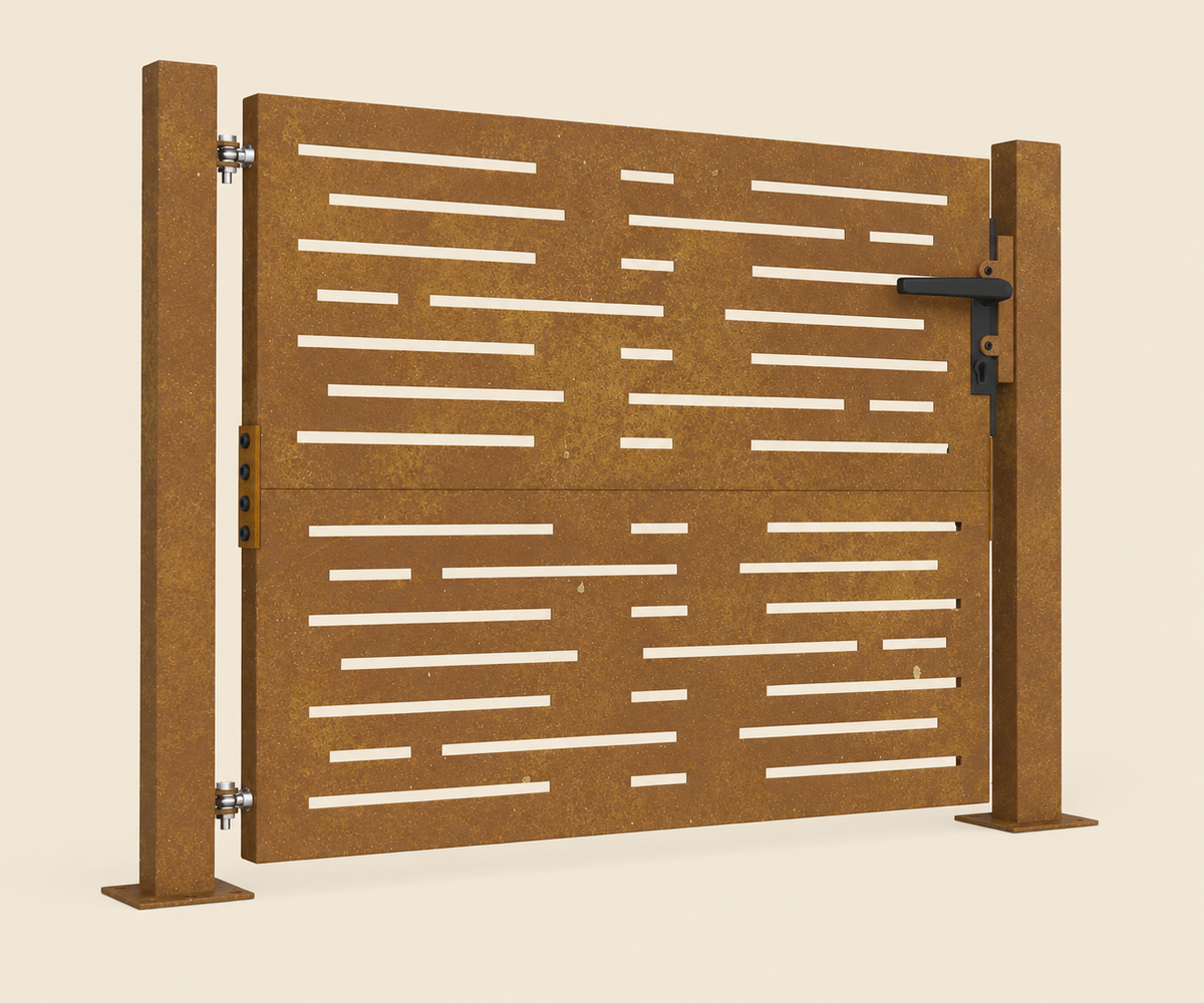 Portillon en acier corten Calade, motif d'appareillage — vue d'ensemble