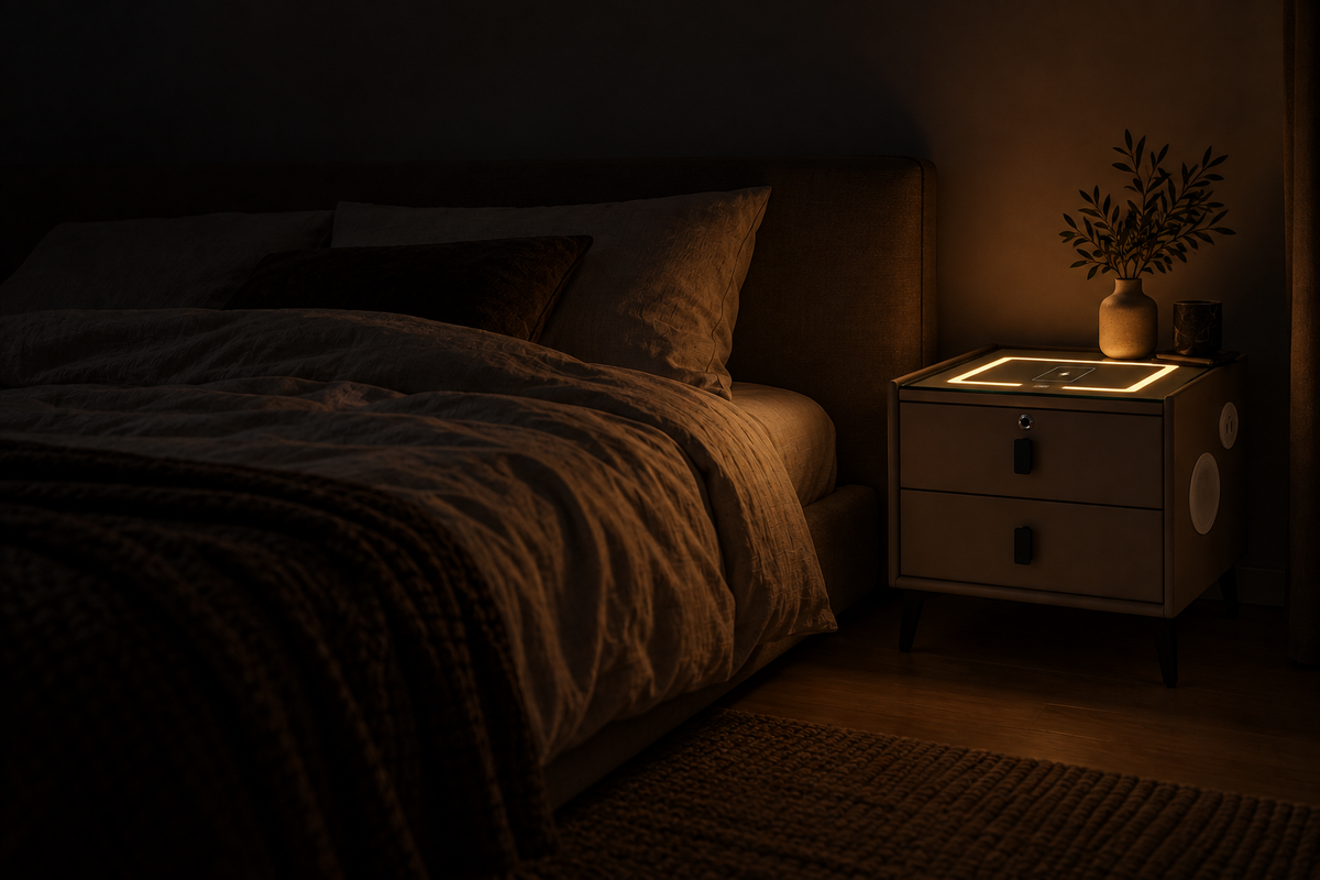 Chambre la nuit : la table de chevet Veille allumée est la seule source de lumière