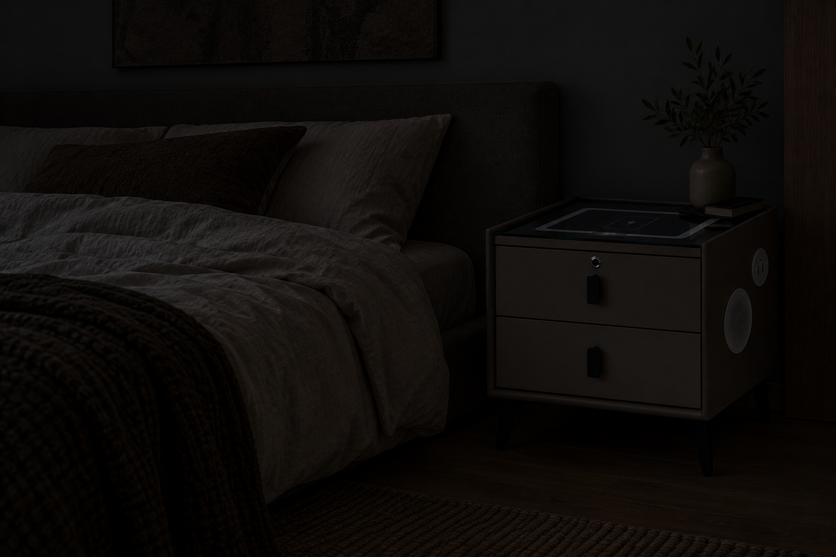 La même chambre, table de chevet Veille éteinte, dans l'obscurité