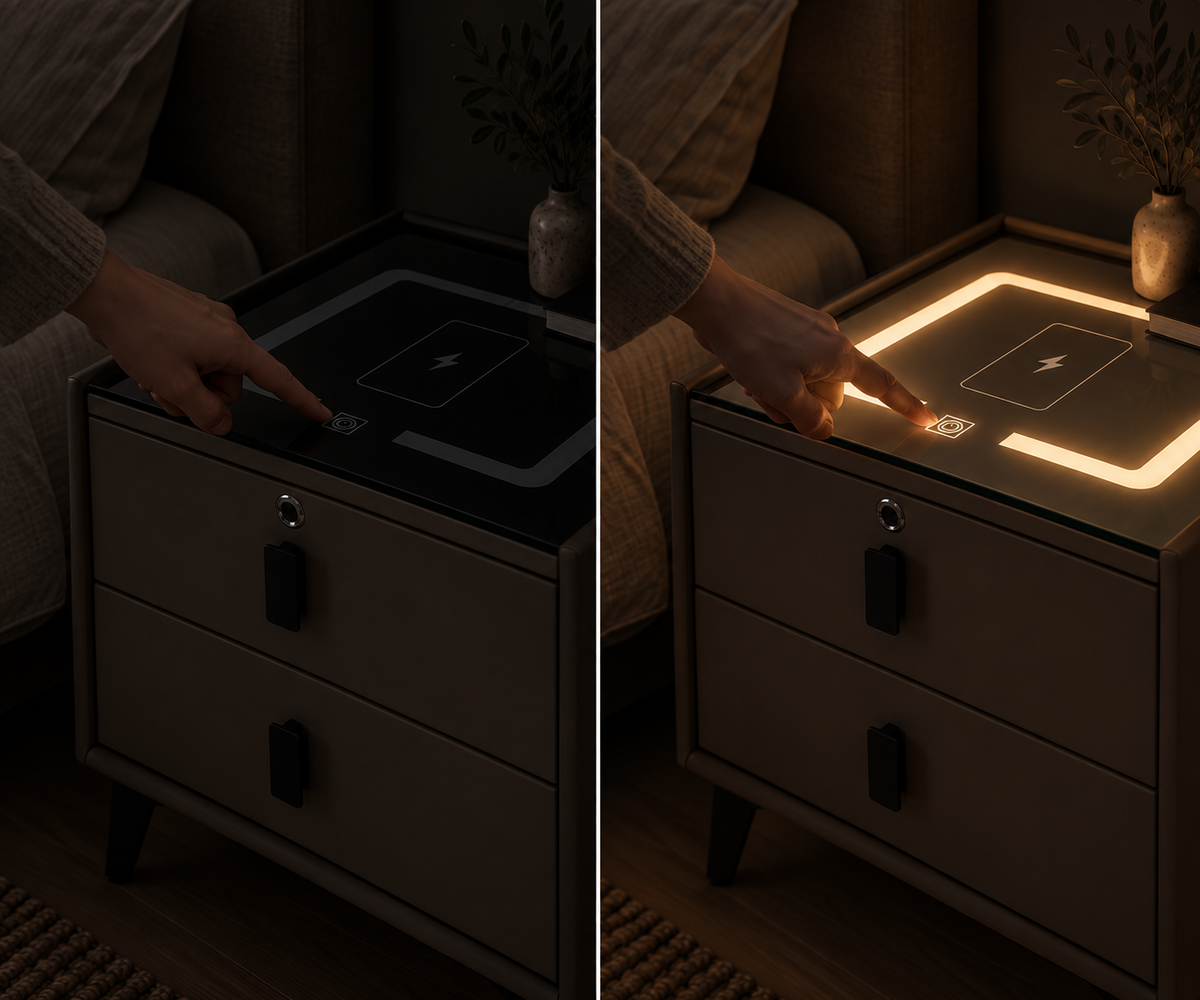 Une pression du doigt sur le plateau en verre et le cadre lumineux s'allume Image