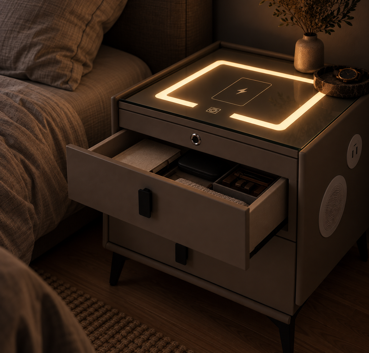 Le tiroir supérieur de la table de chevet Veille ouvert, intérieur en bois clair Image