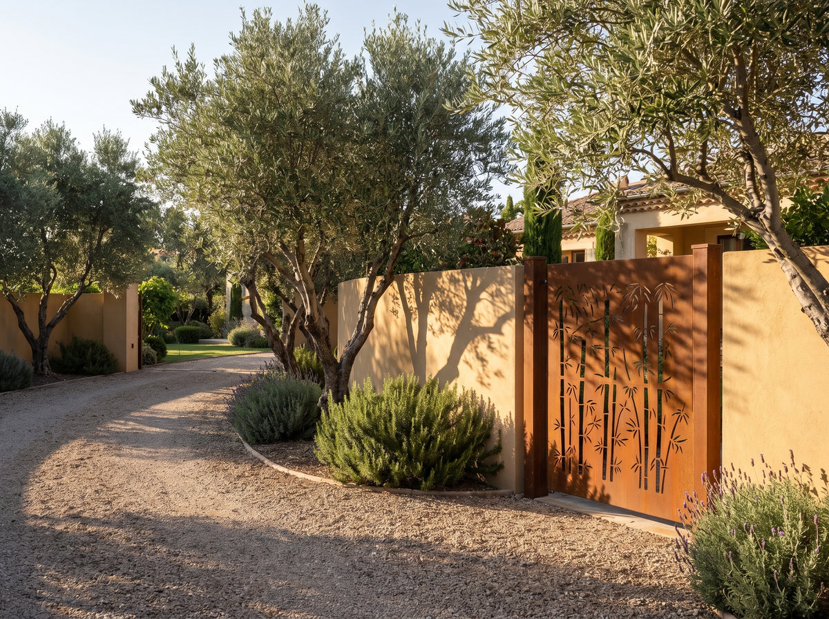 Portillon en acier corten Anduze, motif de cannes de bambou — en situation dans un jardin