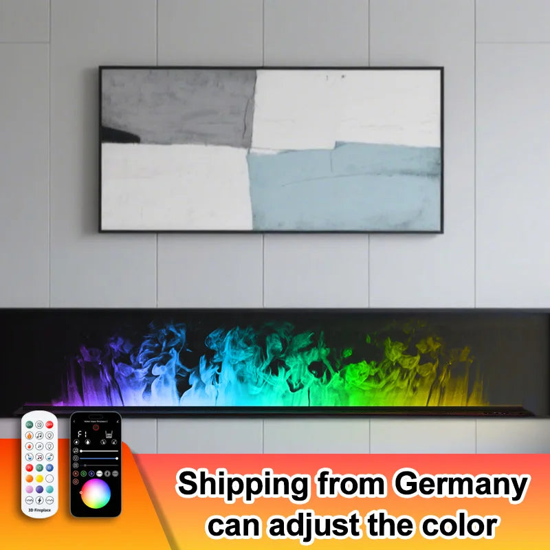 Cheminée à vapeur d'eau dans un intérieur minimaliste, flamme colorée