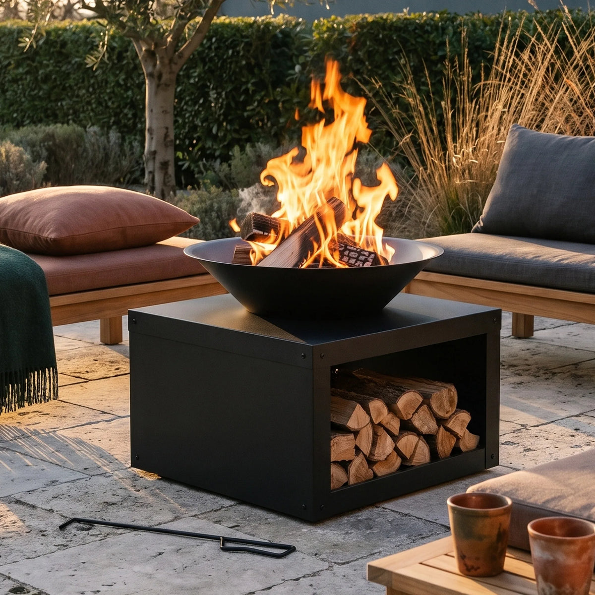 Brasero à rangement Camargue — vue d'ensemble en extérieur