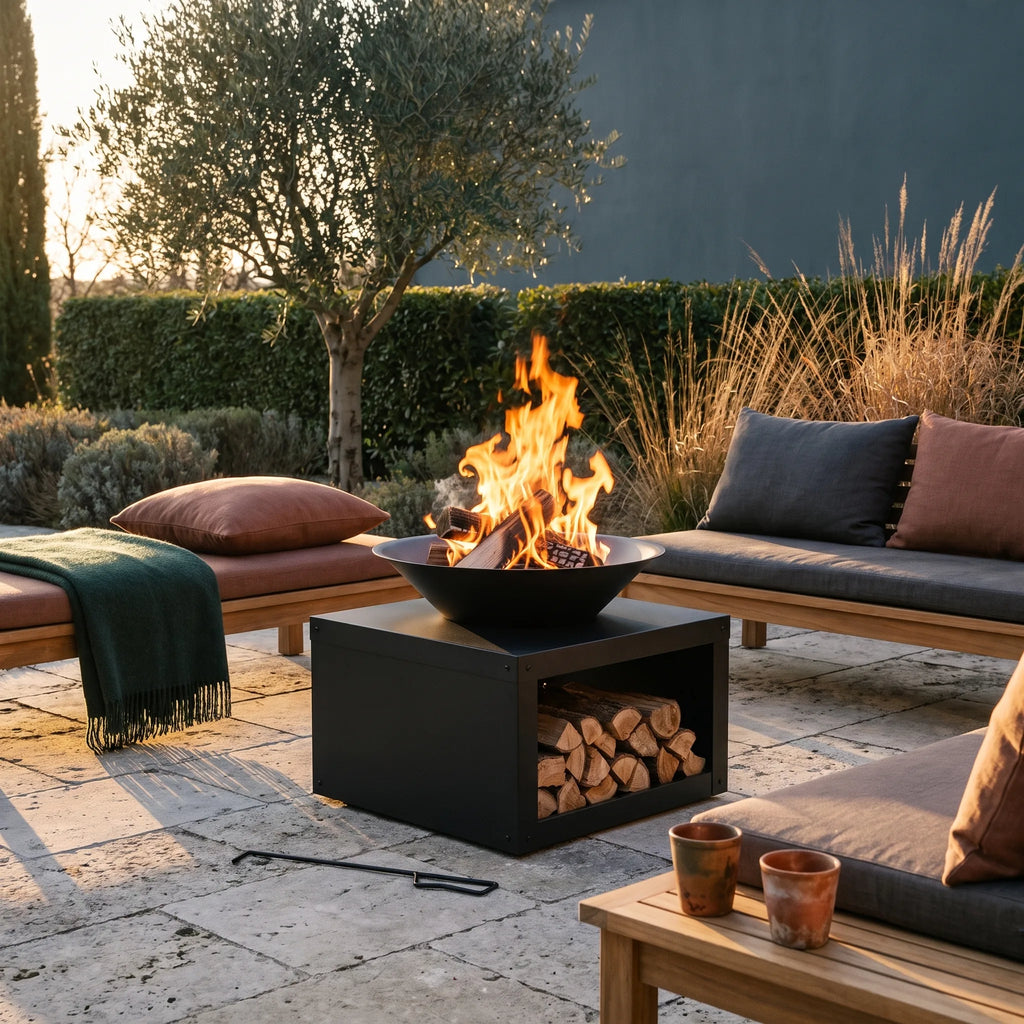 Brasero à rangement Camargue — mise en situation dans un jardin