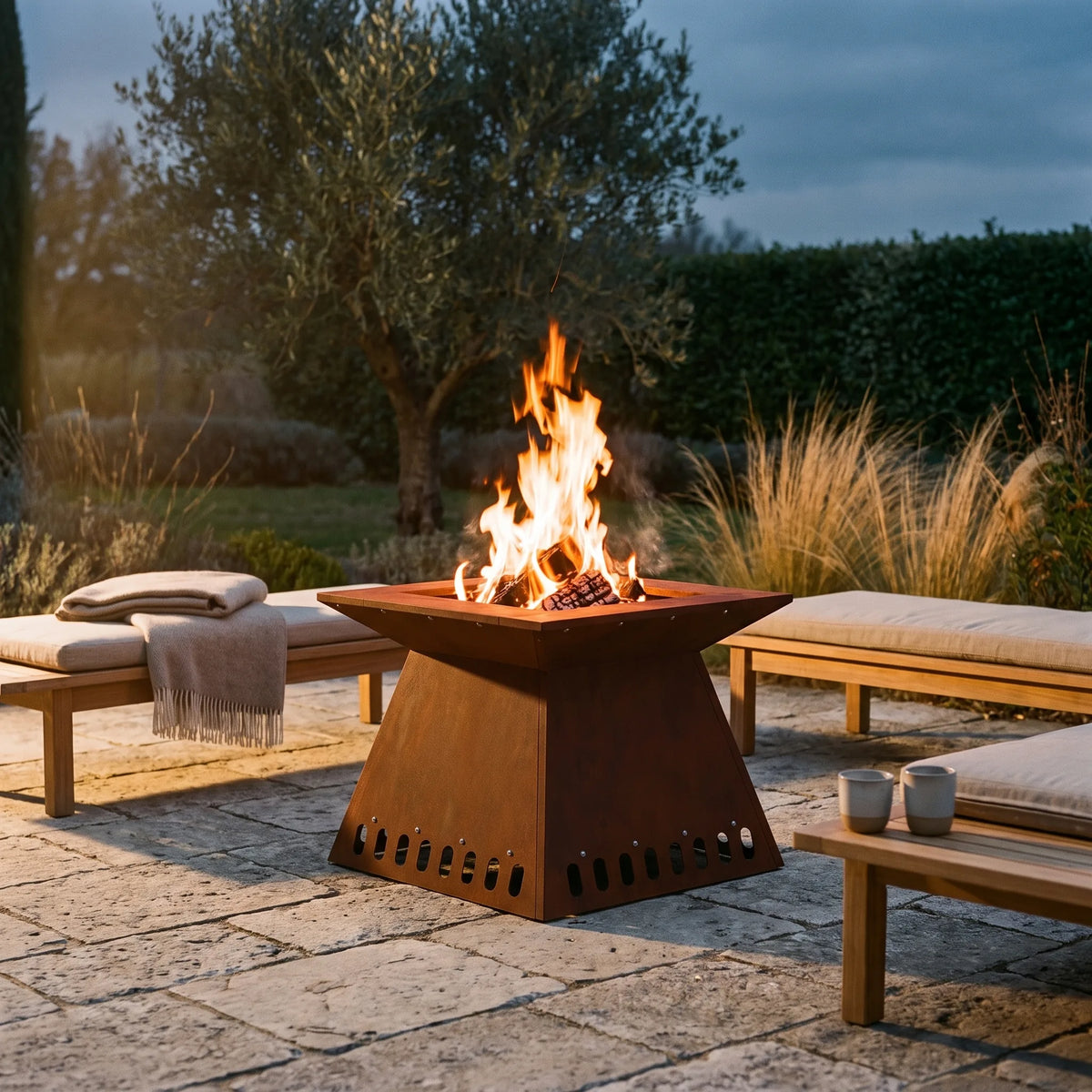 Brasero en acier corten Restanque — mise en situation dans un jardin