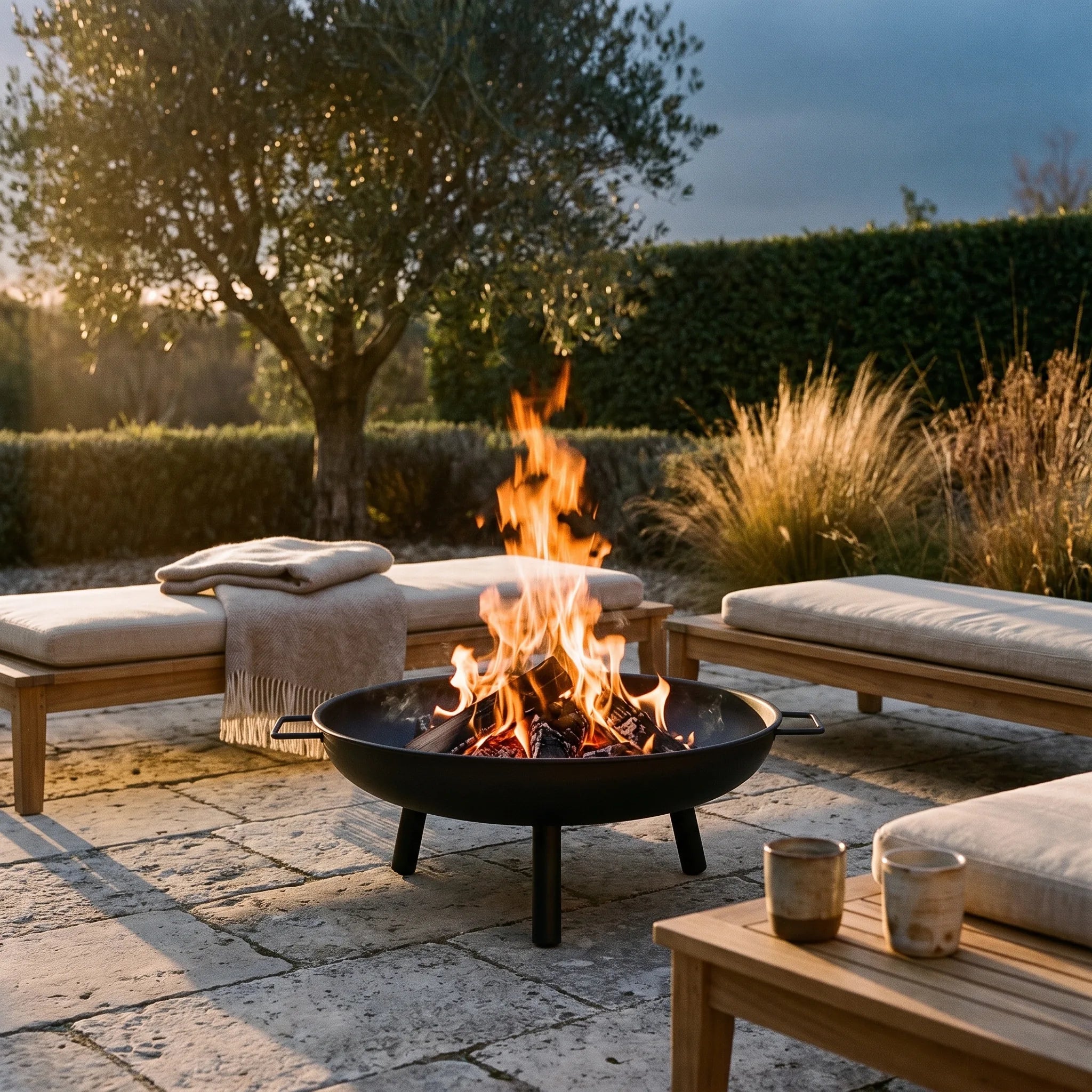 Brasero portable Draille — mise en situation dans un jardin