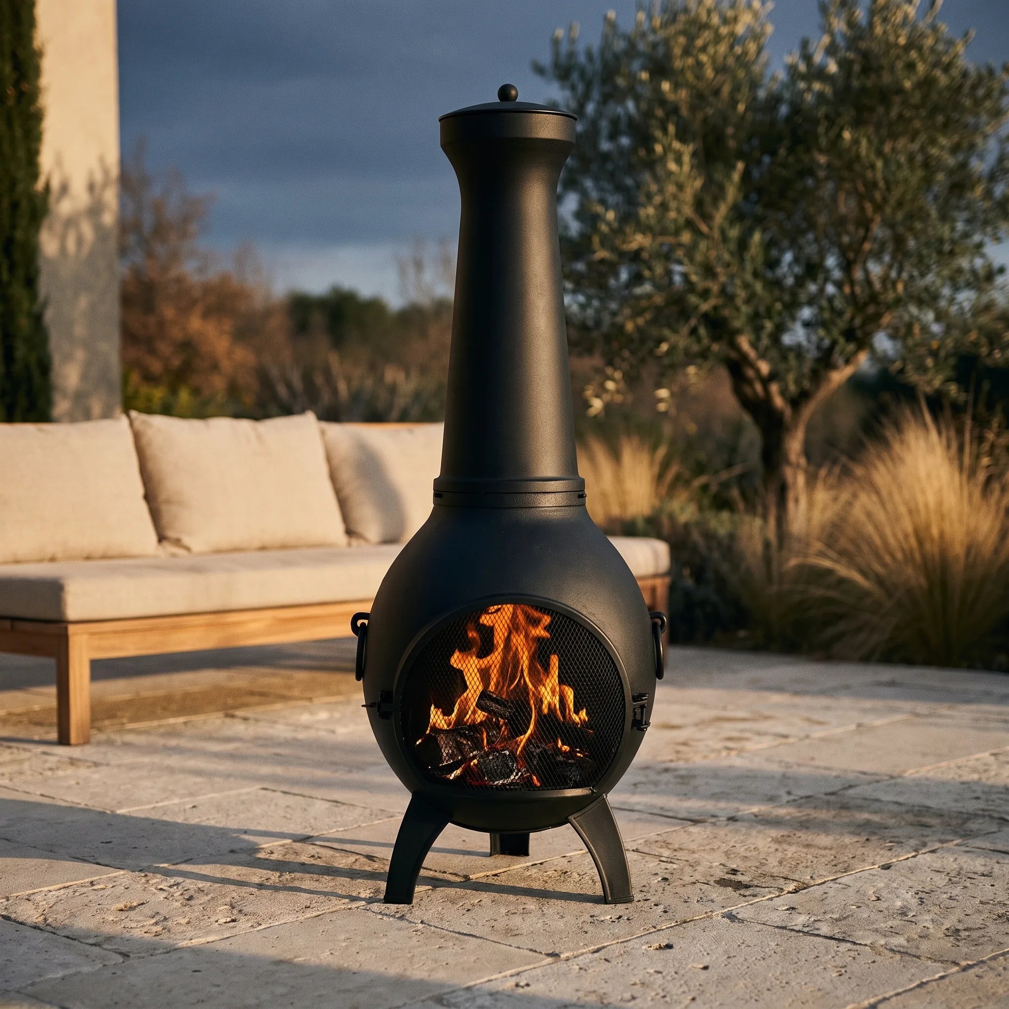 Cheminée d'extérieur en aluminium Mistral — vue d'ensemble en extérieur